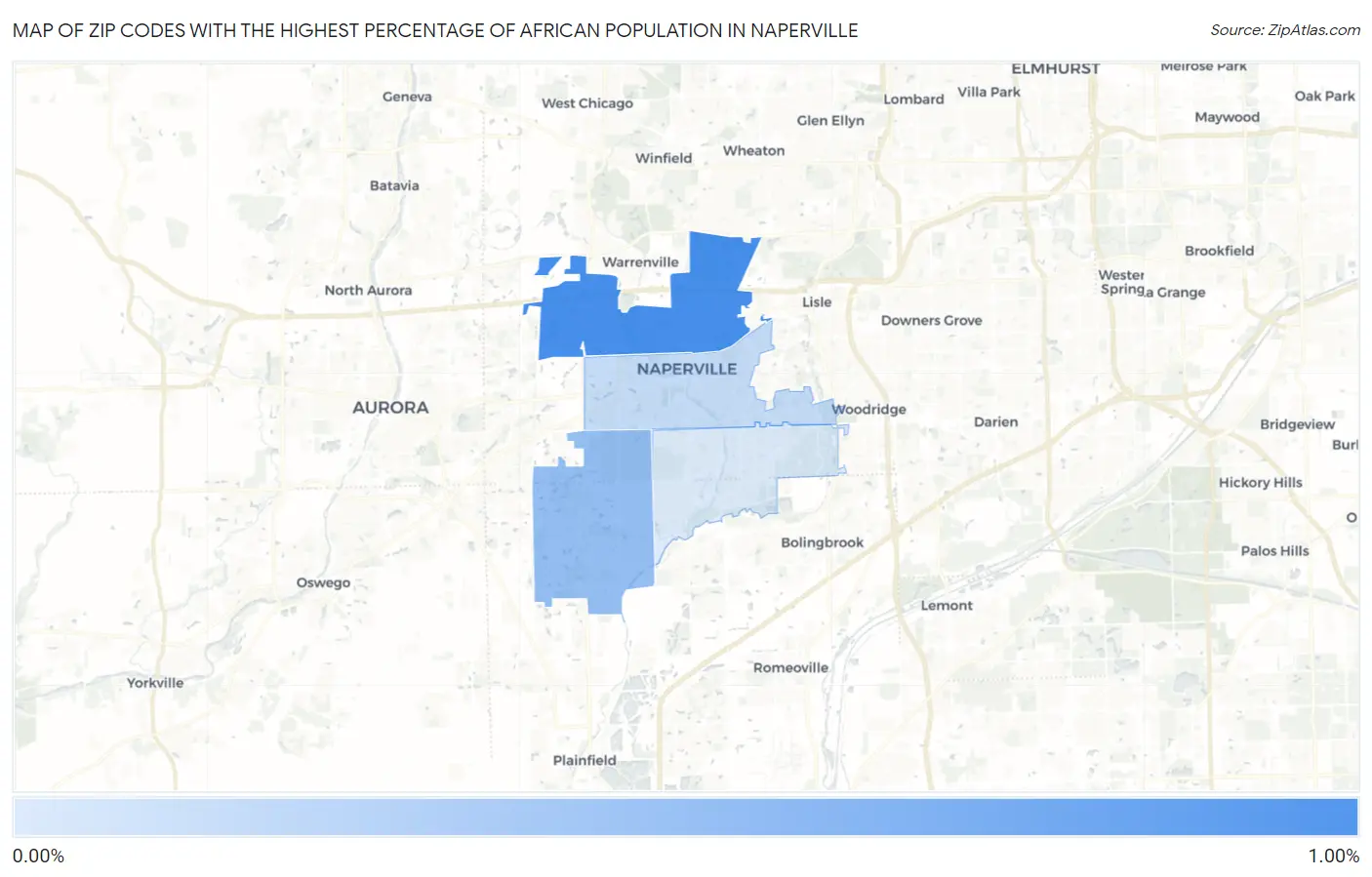 Zip Codes with the Highest Percentage of African Population in Naperville Map