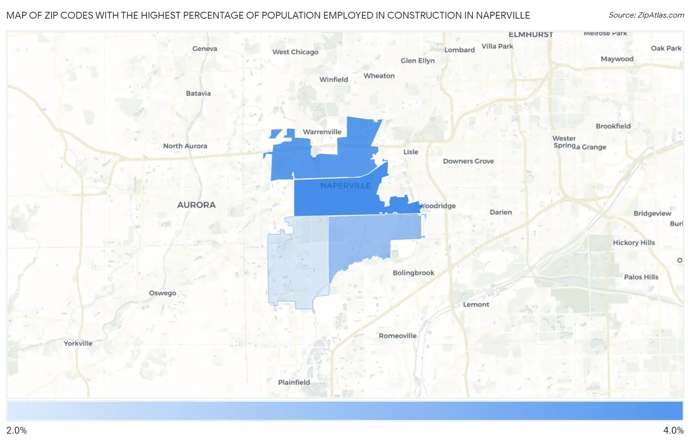 Zip Codes with the Highest Percentage of Population Employed in Construction in Naperville Map