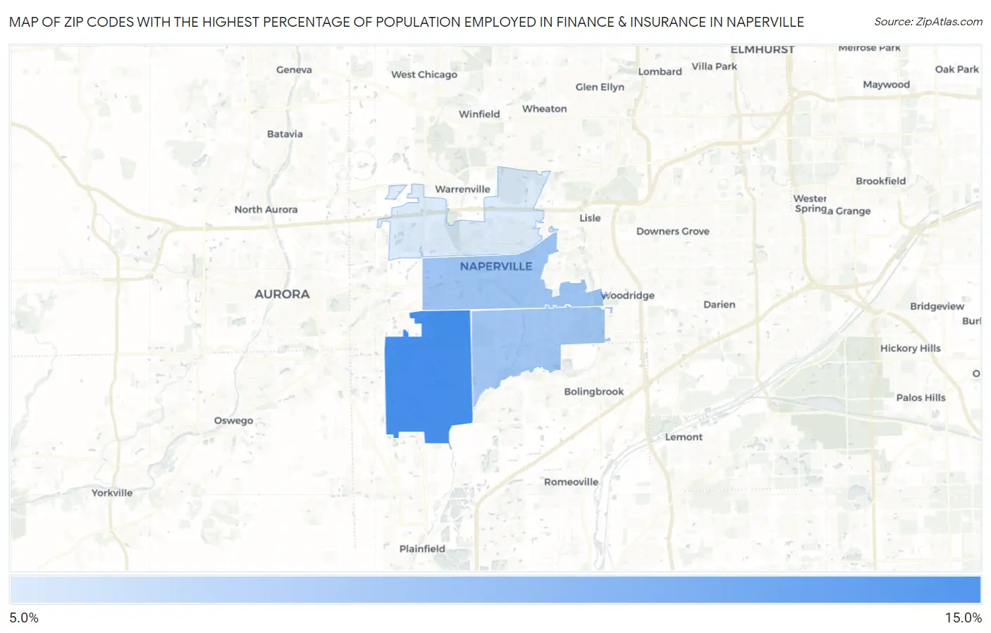 Zip Codes with the Highest Percentage of Population Employed in Finance & Insurance in Naperville Map