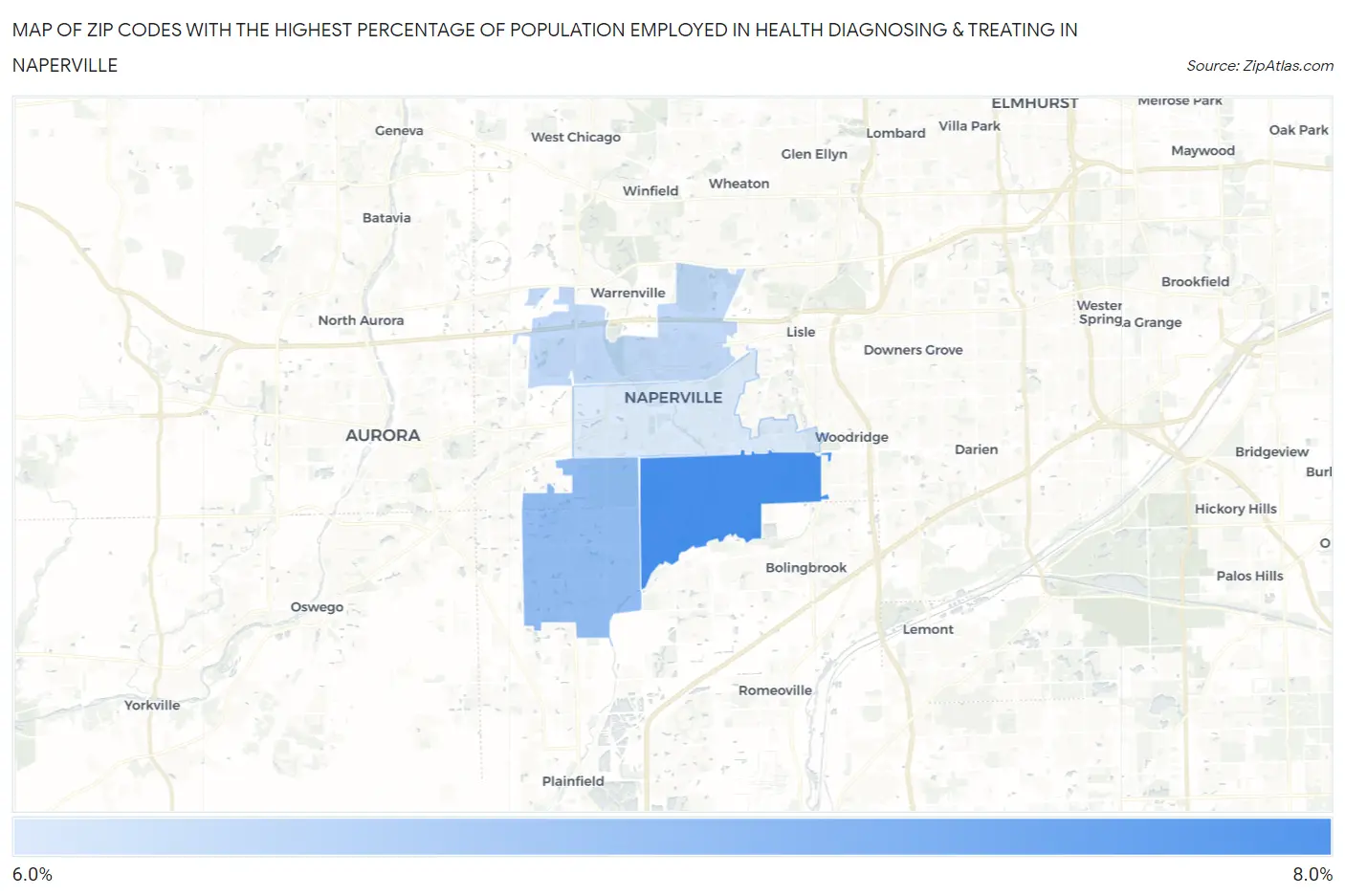 Zip Codes with the Highest Percentage of Population Employed in Health Diagnosing & Treating in Naperville Map