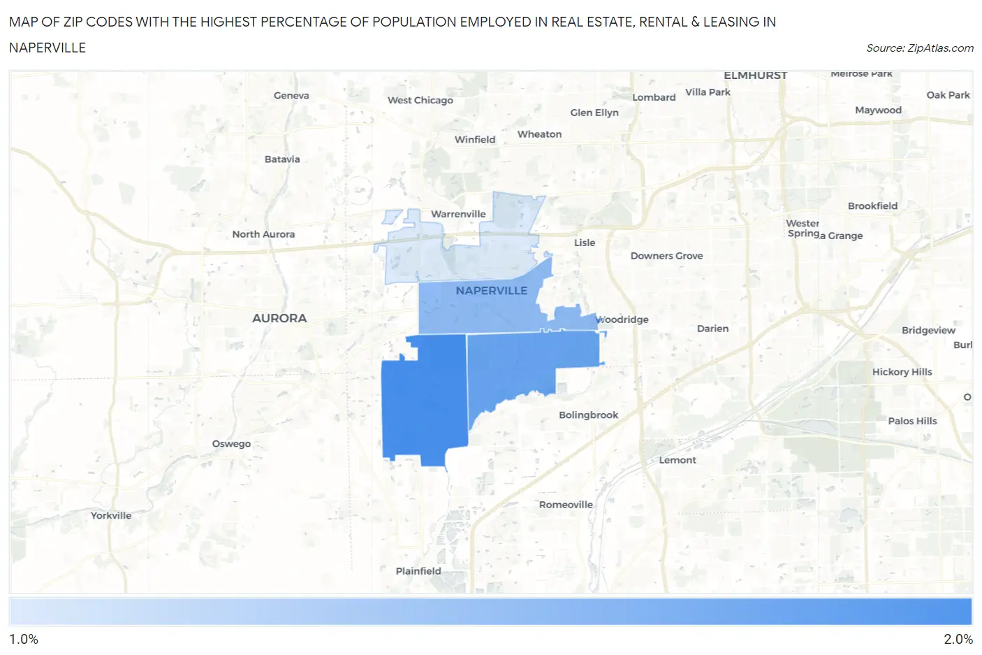 Zip Codes with the Highest Percentage of Population Employed in Real Estate, Rental & Leasing in Naperville Map