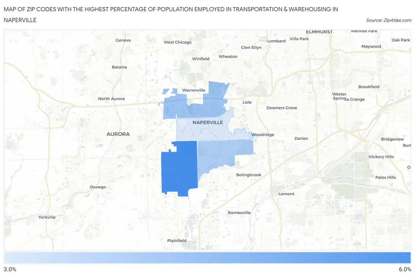 Zip Codes with the Highest Percentage of Population Employed in Transportation & Warehousing in Naperville Map