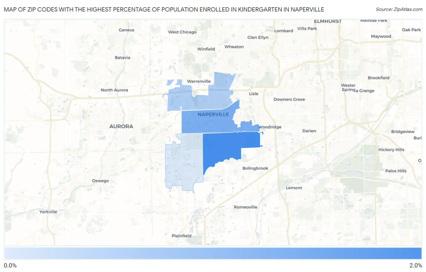 Zip Codes with the Highest Percentage of Population Enrolled in Kindergarten in Naperville Map