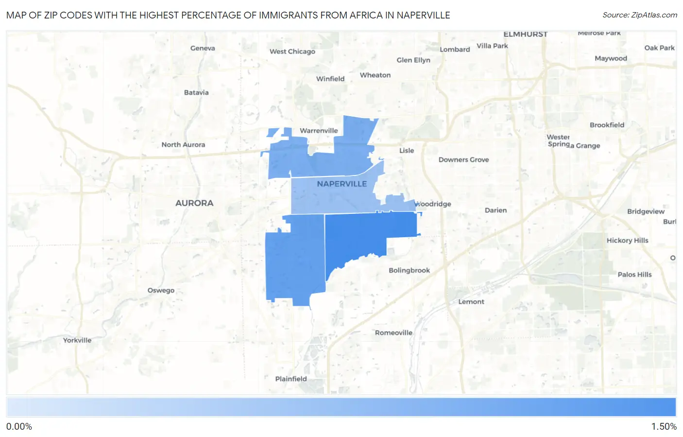 Zip Codes with the Highest Percentage of Immigrants from Africa in Naperville Map