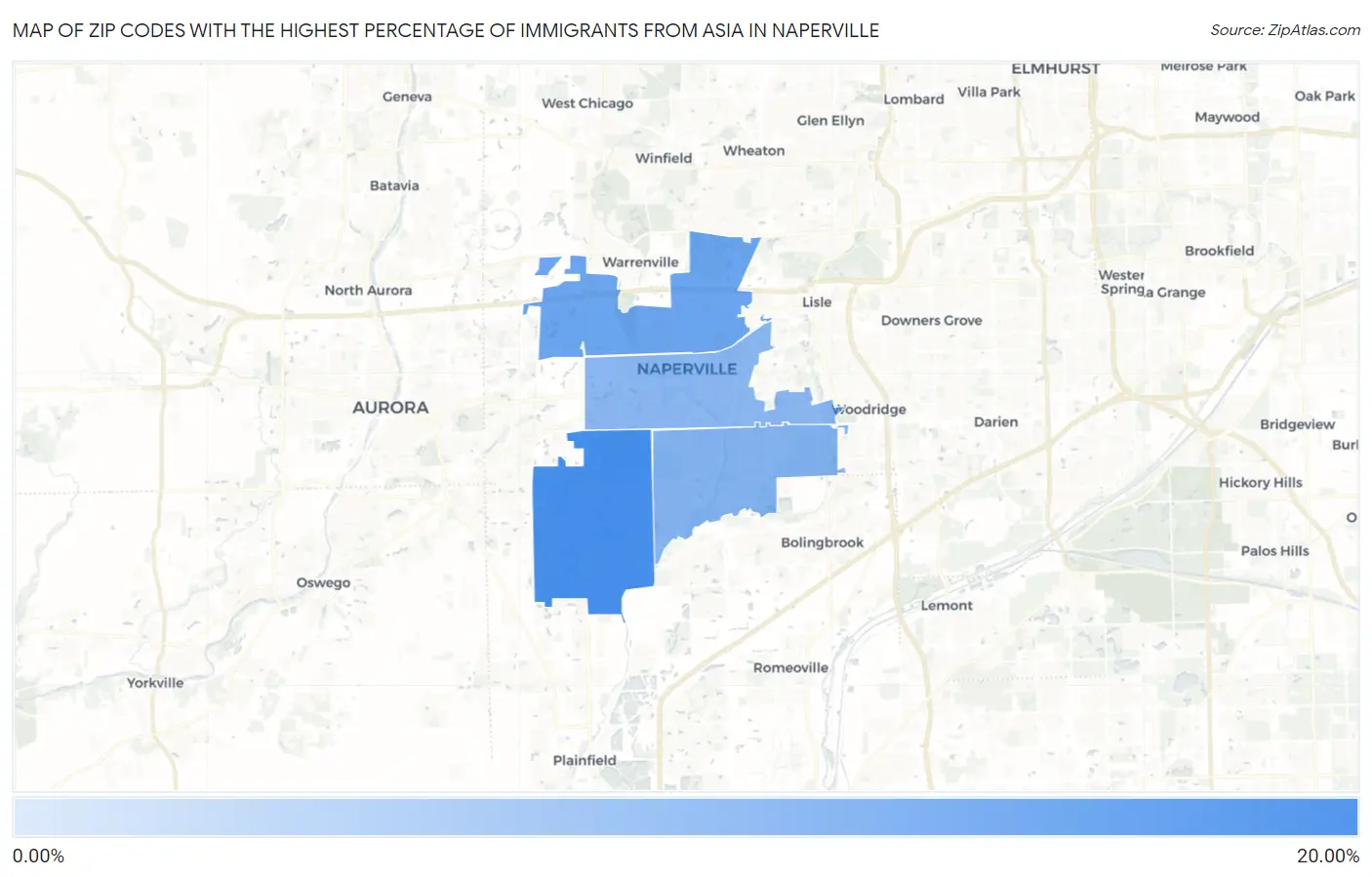 Zip Codes with the Highest Percentage of Immigrants from Asia in Naperville Map