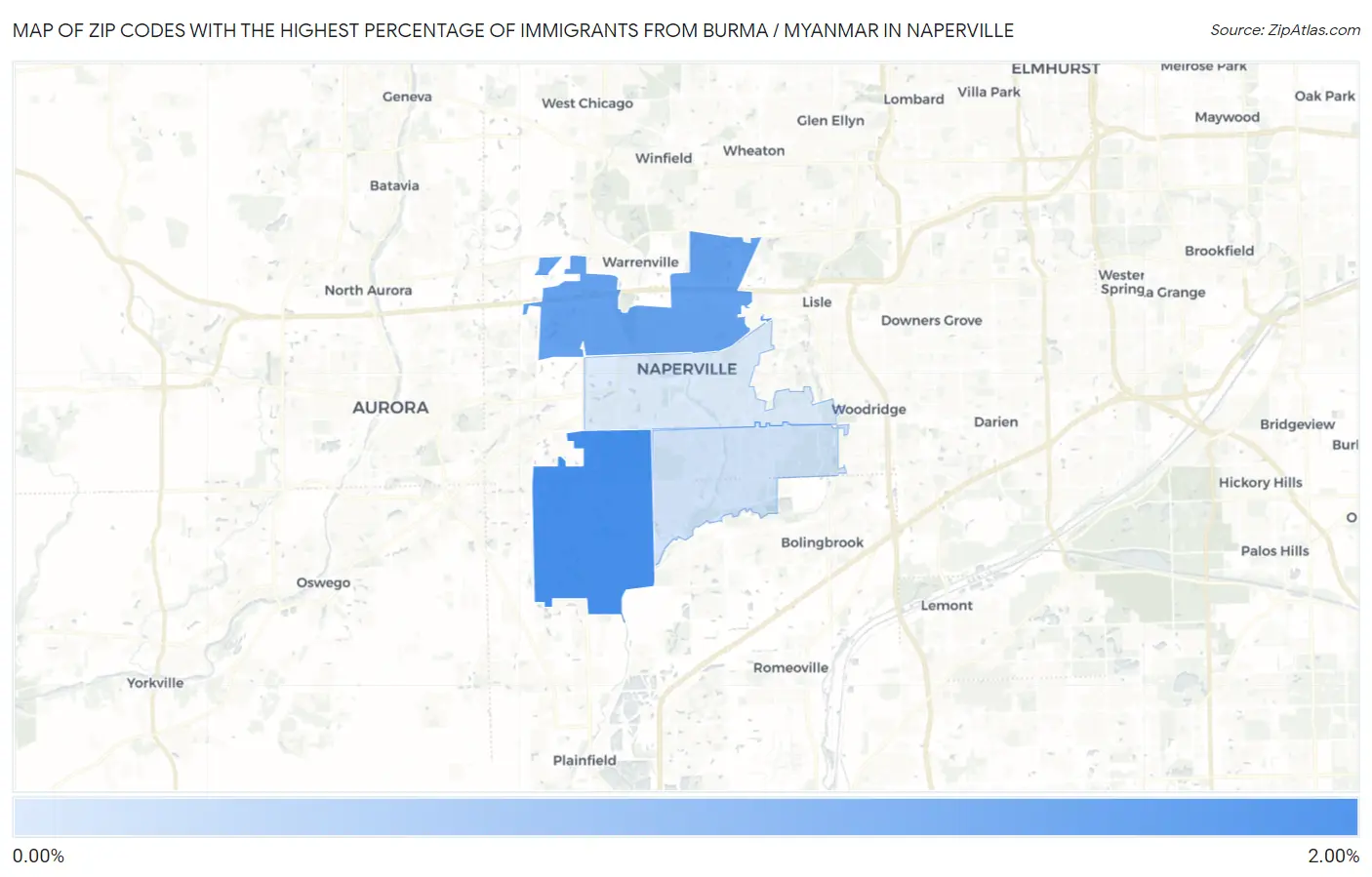 Zip Codes with the Highest Percentage of Immigrants from Burma / Myanmar in Naperville Map