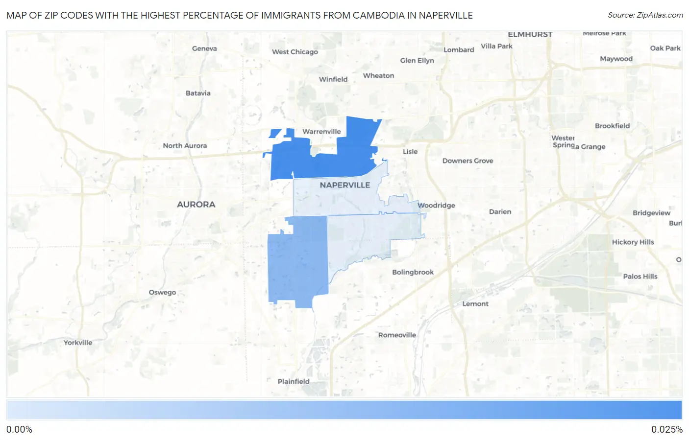 Zip Codes with the Highest Percentage of Immigrants from Cambodia in Naperville Map