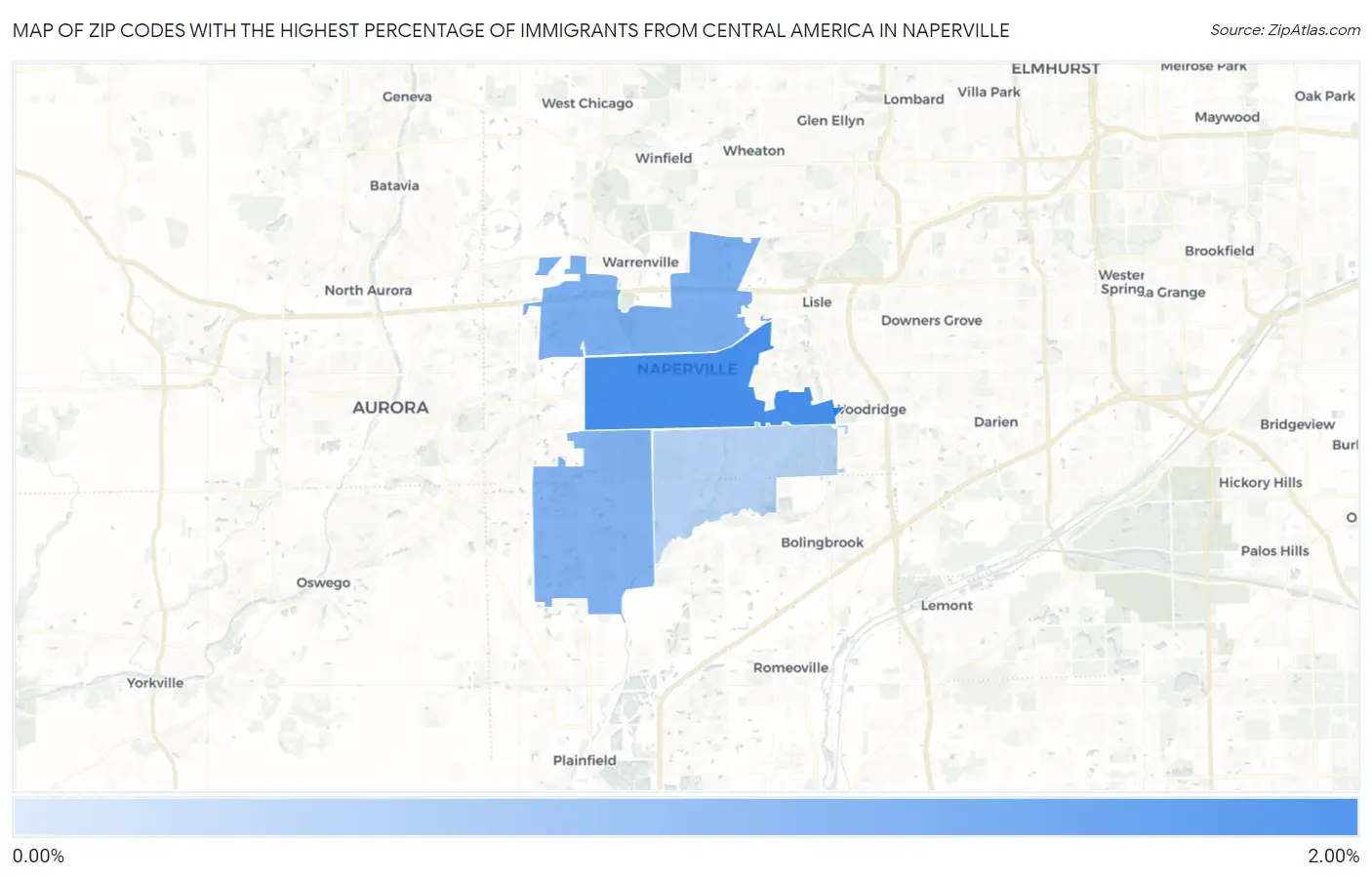 Zip Codes with the Highest Percentage of Immigrants from Central America in Naperville Map