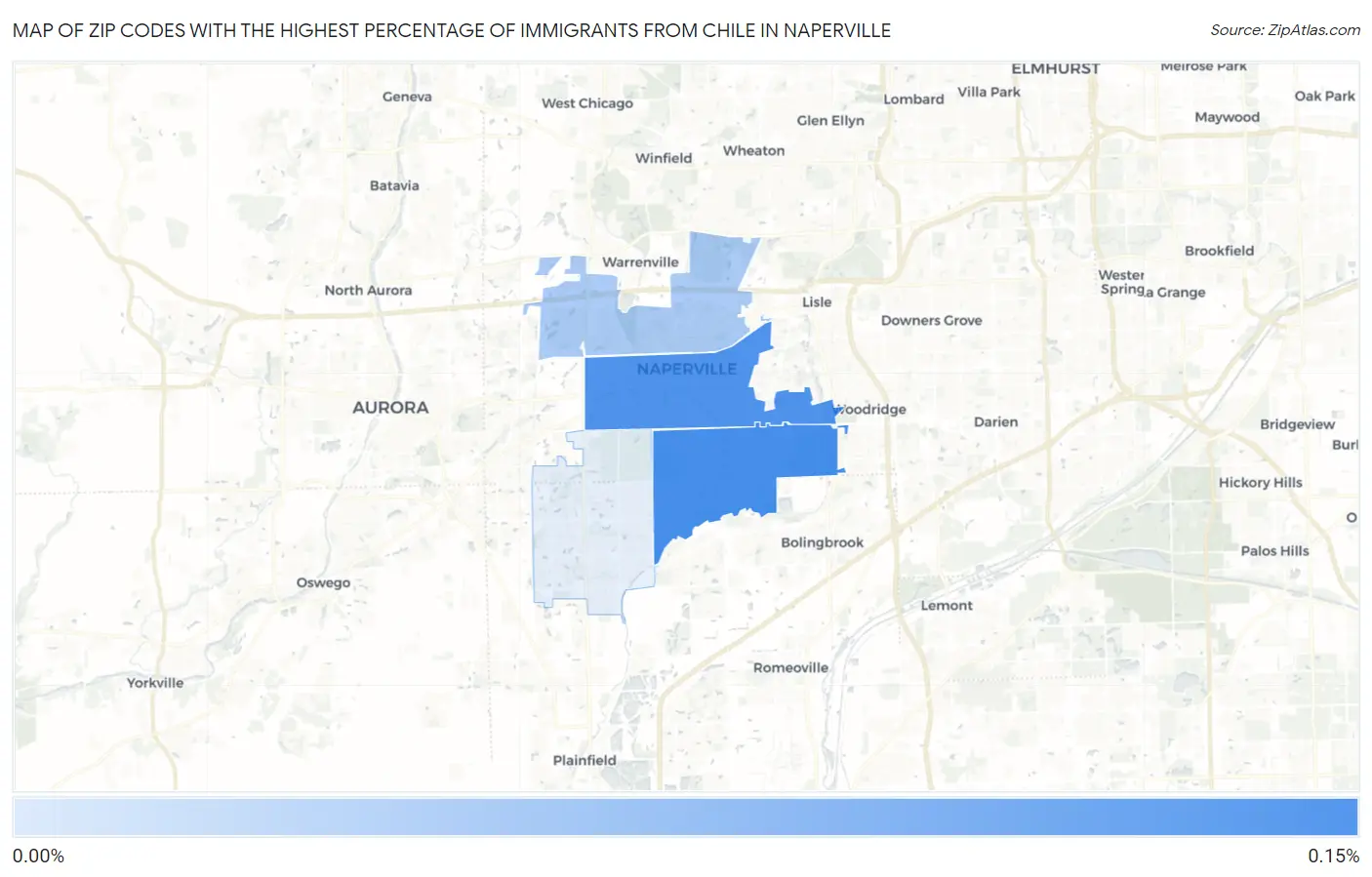 Zip Codes with the Highest Percentage of Immigrants from Chile in Naperville Map