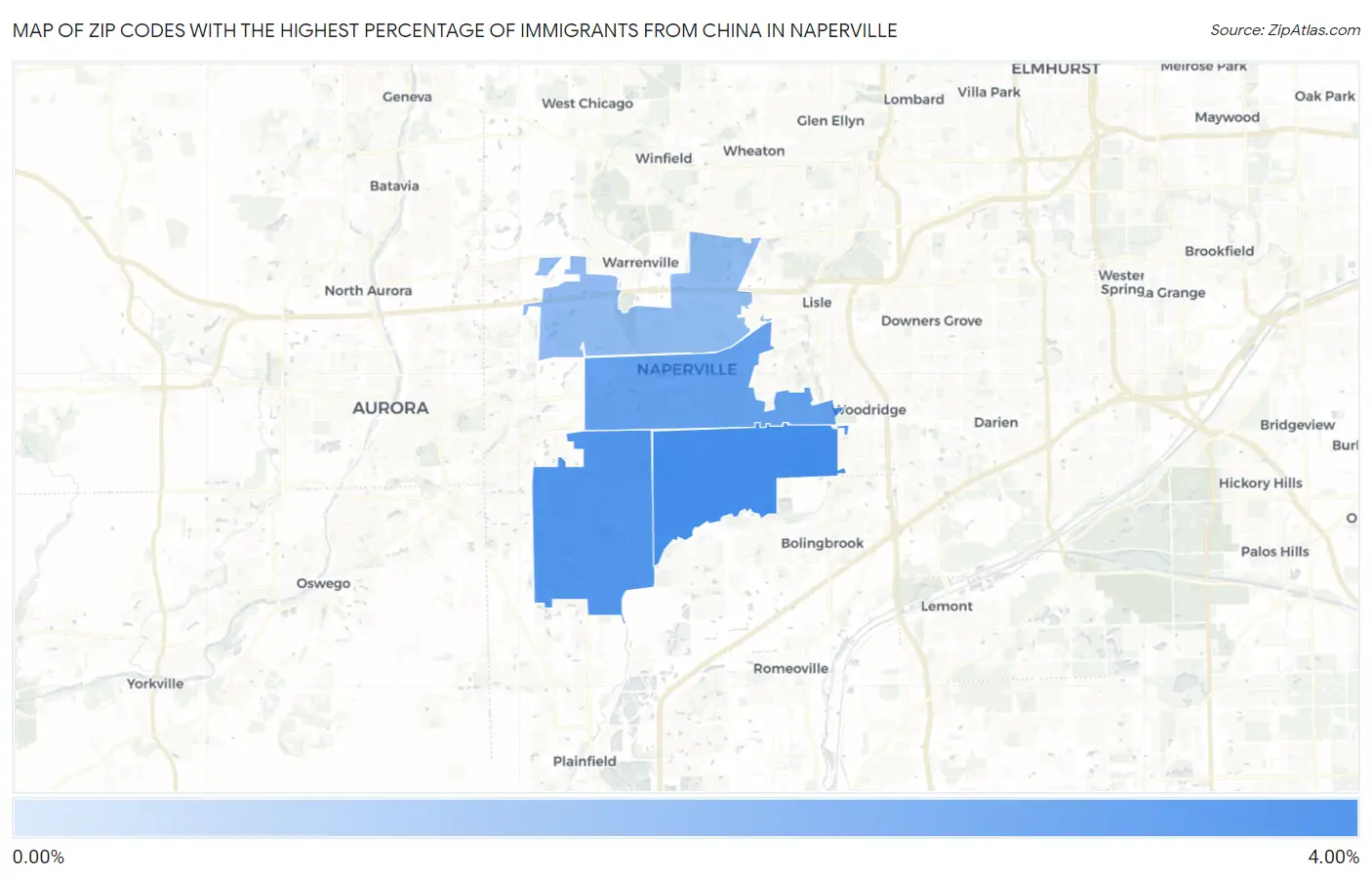 Zip Codes with the Highest Percentage of Immigrants from China in Naperville Map