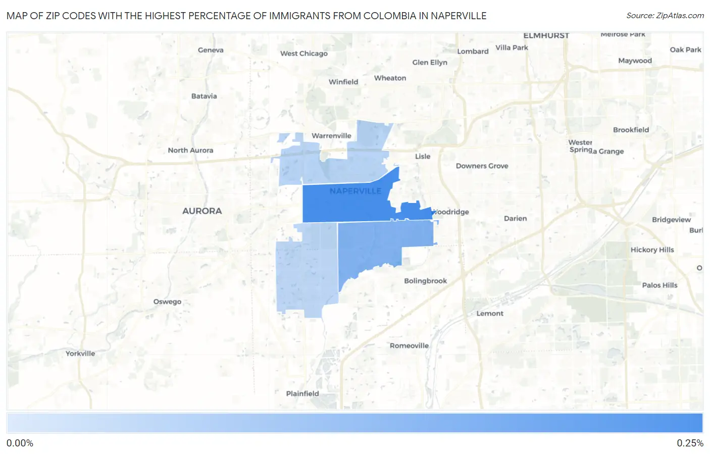 Zip Codes with the Highest Percentage of Immigrants from Colombia in Naperville Map