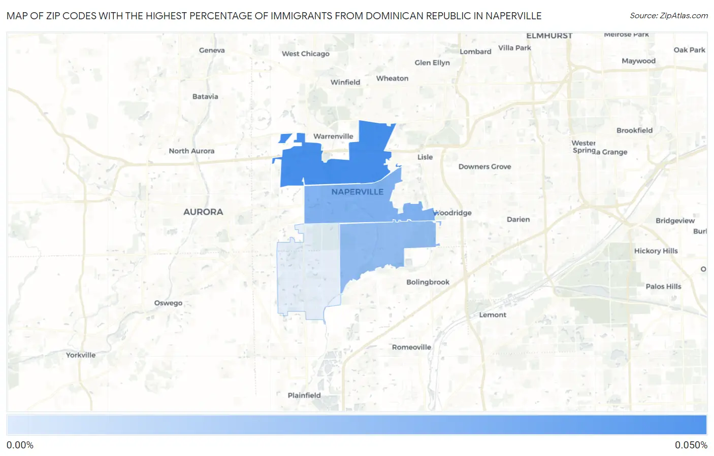 Zip Codes with the Highest Percentage of Immigrants from Dominican Republic in Naperville Map