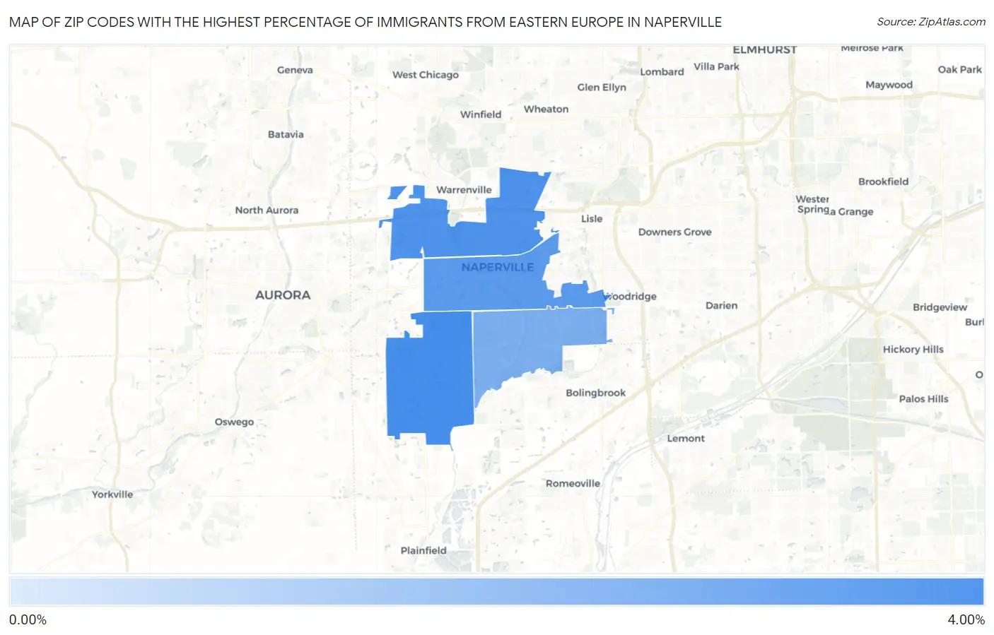 Zip Codes with the Highest Percentage of Immigrants from Eastern Europe in Naperville Map