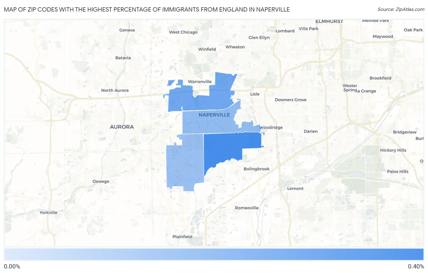 Zip Codes with the Highest Percentage of Immigrants from England in Naperville Map