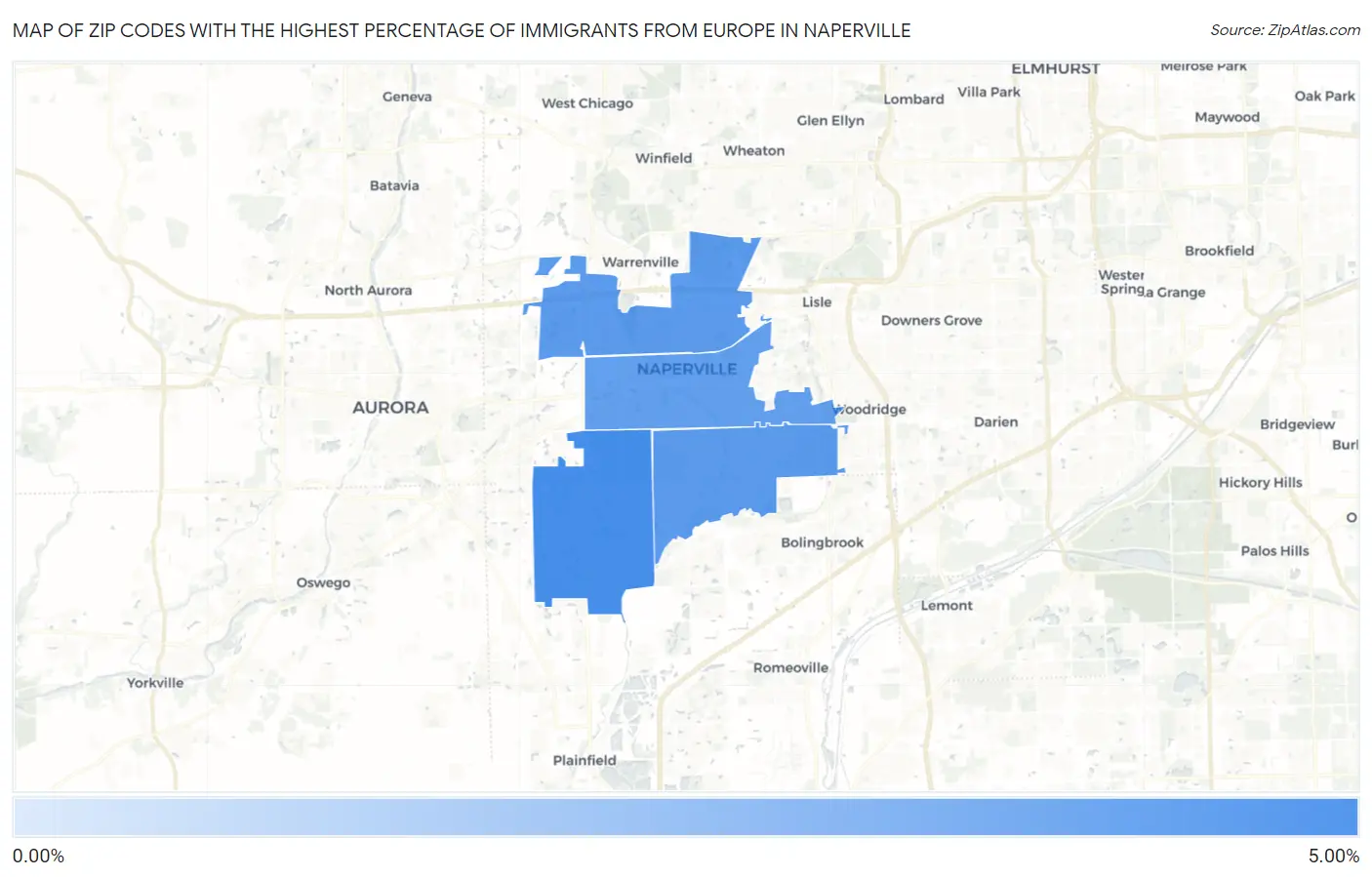 Zip Codes with the Highest Percentage of Immigrants from Europe in Naperville Map
