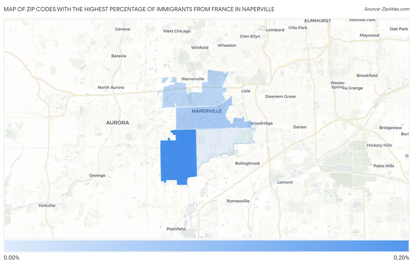Zip Codes with the Highest Percentage of Immigrants from France in Naperville Map