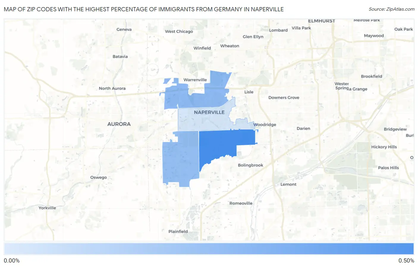 Zip Codes with the Highest Percentage of Immigrants from Germany in Naperville Map