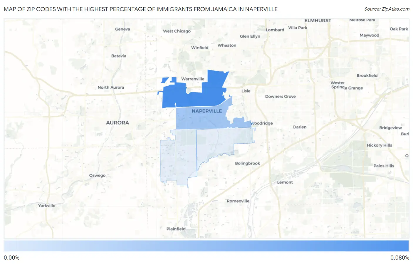 Zip Codes with the Highest Percentage of Immigrants from Jamaica in Naperville Map