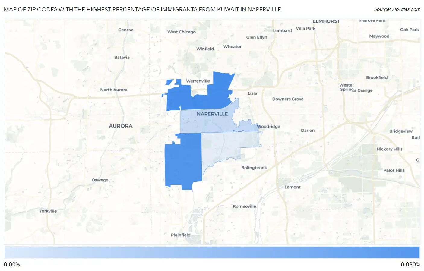Zip Codes with the Highest Percentage of Immigrants from Kuwait in Naperville Map