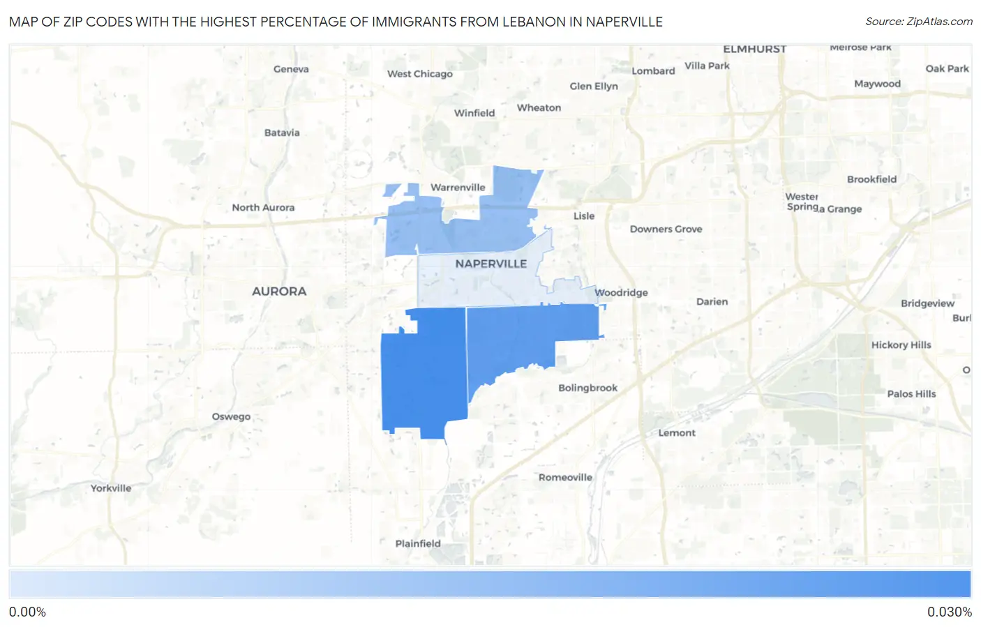 Zip Codes with the Highest Percentage of Immigrants from Lebanon in Naperville Map