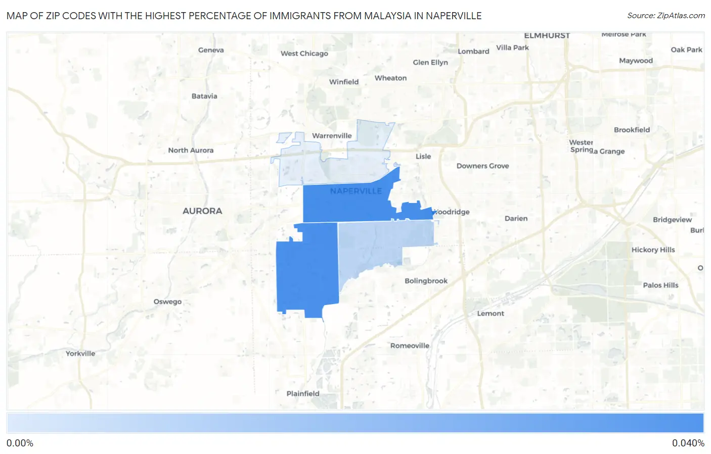 Zip Codes with the Highest Percentage of Immigrants from Malaysia in Naperville Map