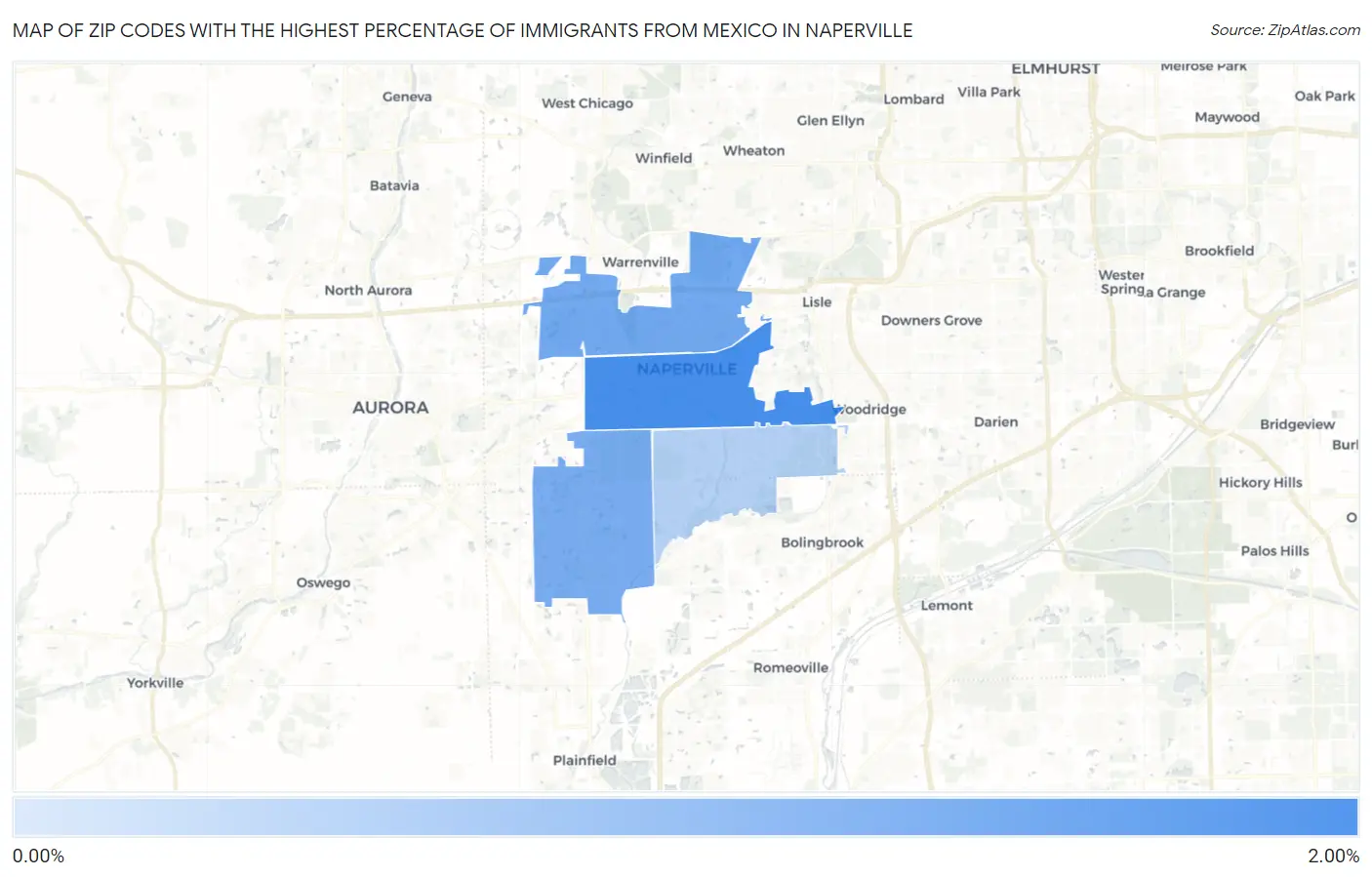 Zip Codes with the Highest Percentage of Immigrants from Mexico in Naperville Map