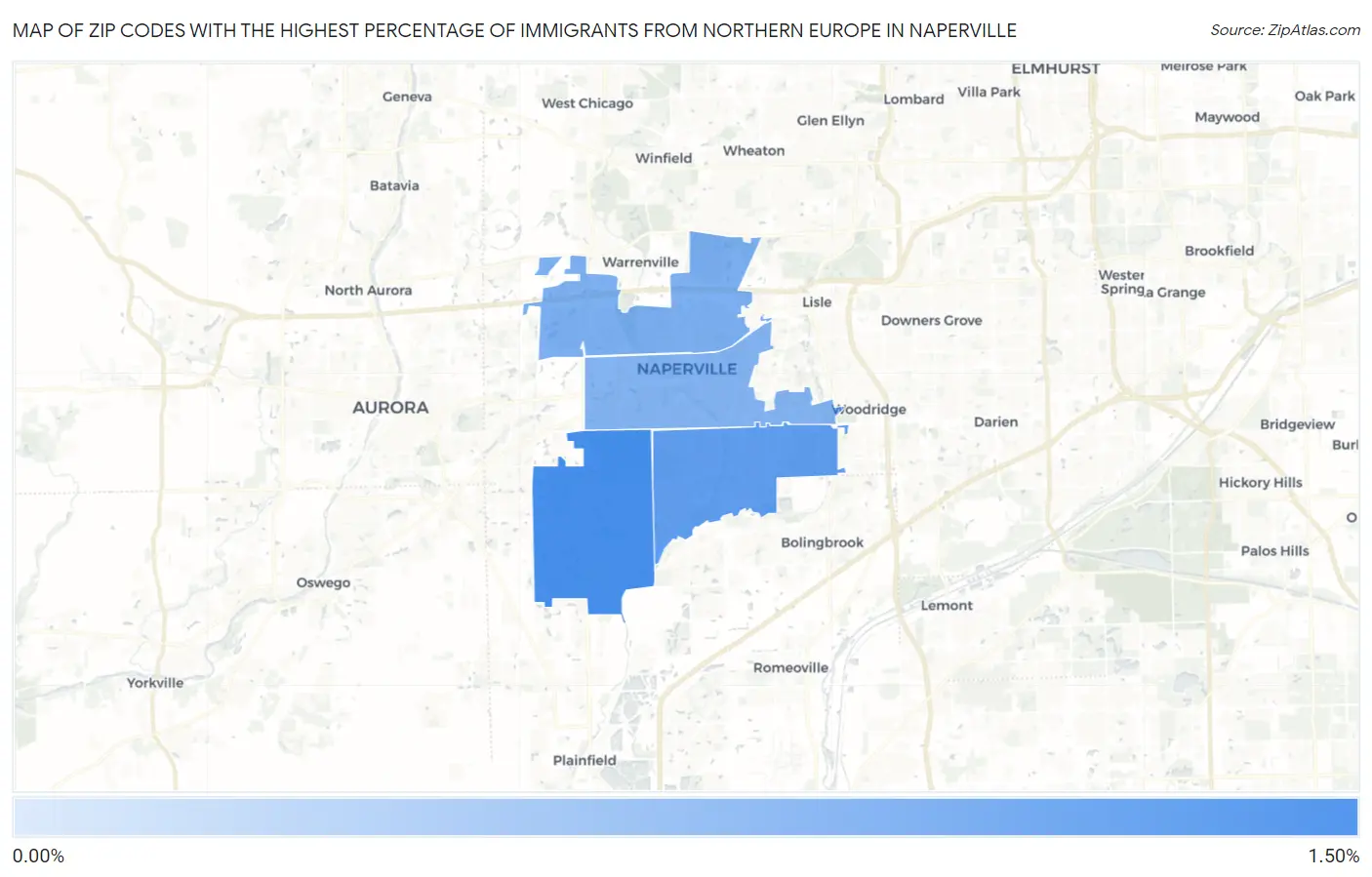 Zip Codes with the Highest Percentage of Immigrants from Northern Europe in Naperville Map