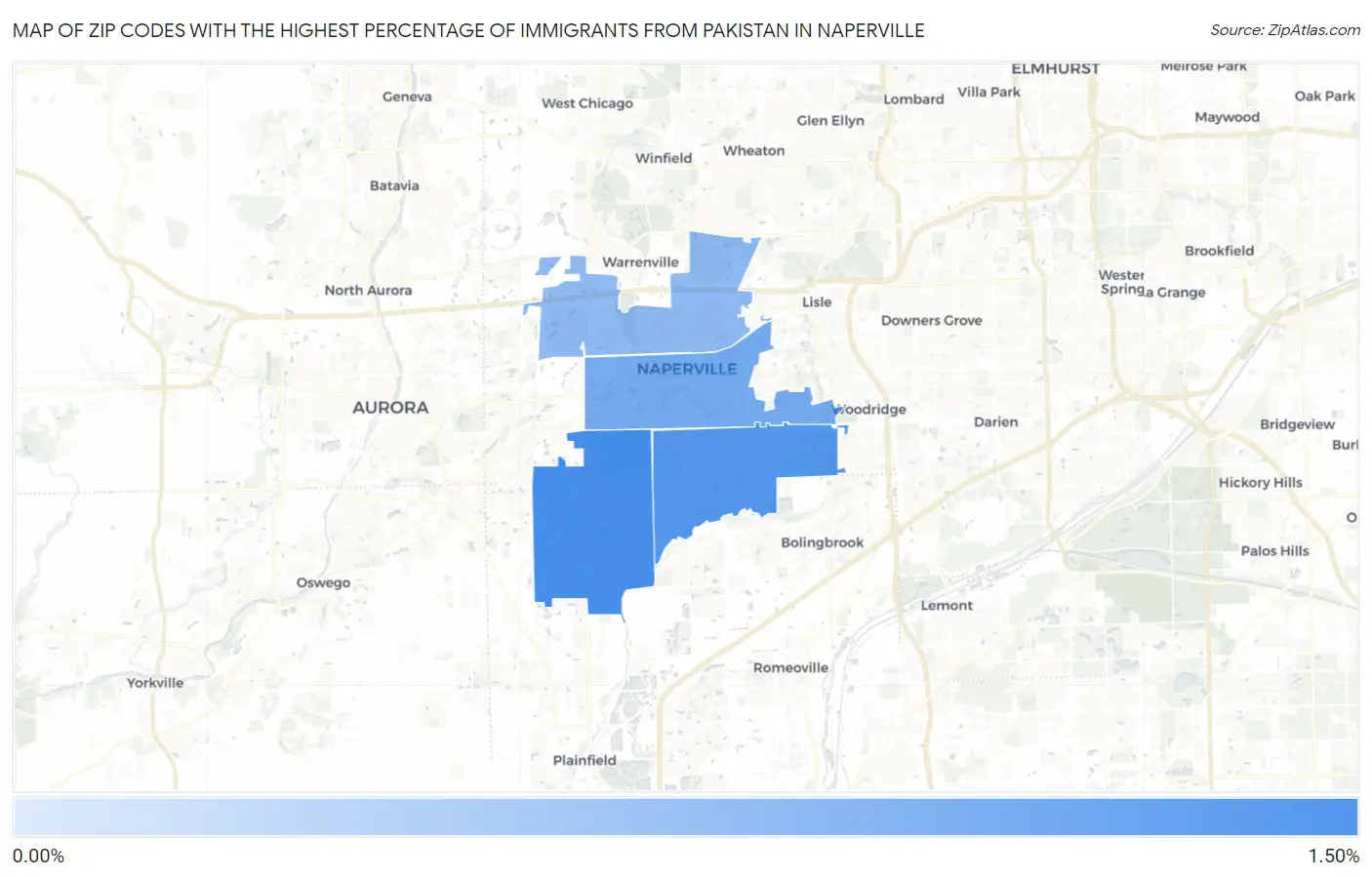 Zip Codes with the Highest Percentage of Immigrants from Pakistan in Naperville Map