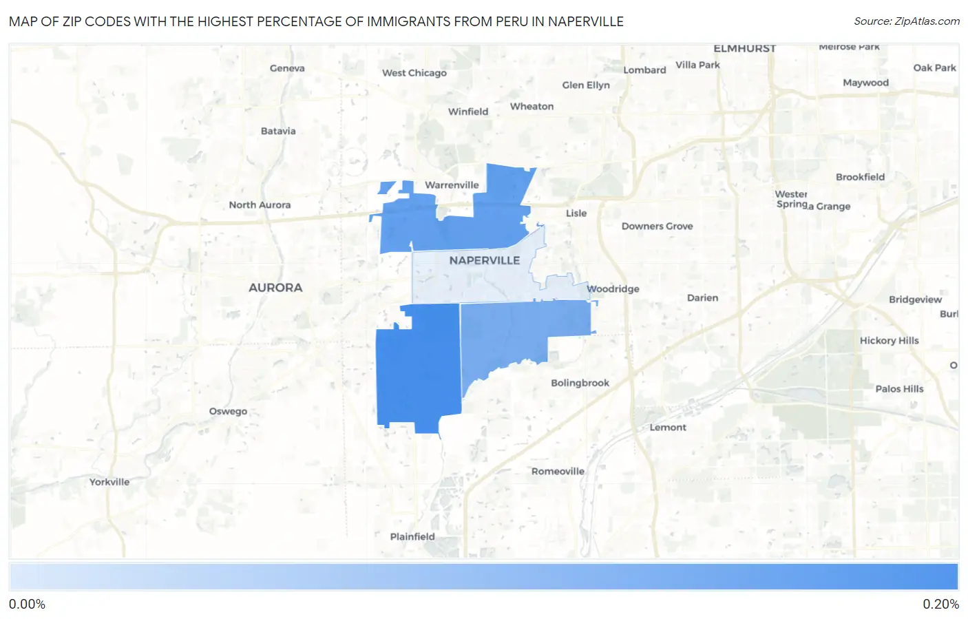 Zip Codes with the Highest Percentage of Immigrants from Peru in Naperville Map