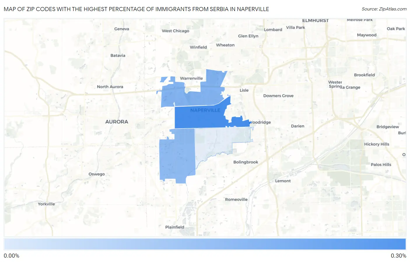 Zip Codes with the Highest Percentage of Immigrants from Serbia in Naperville Map