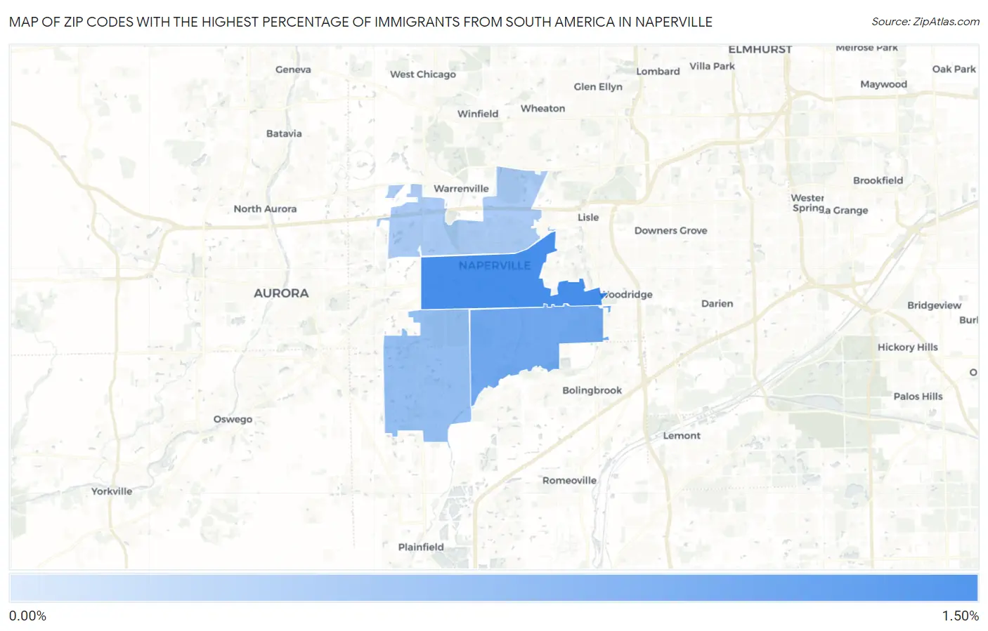 Zip Codes with the Highest Percentage of Immigrants from South America in Naperville Map