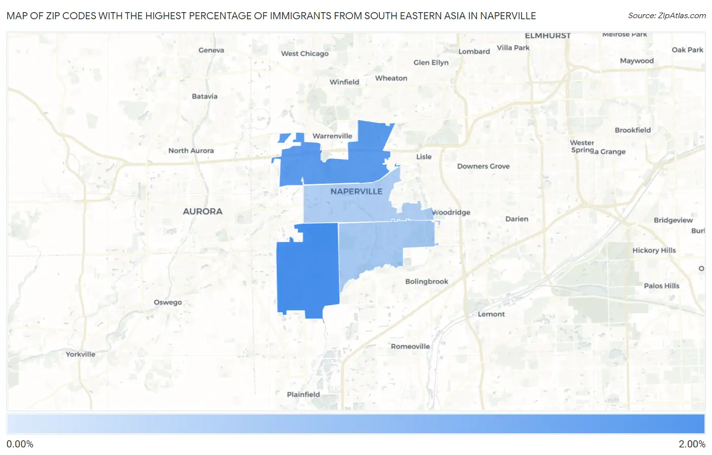 Zip Codes with the Highest Percentage of Immigrants from South Eastern Asia in Naperville Map