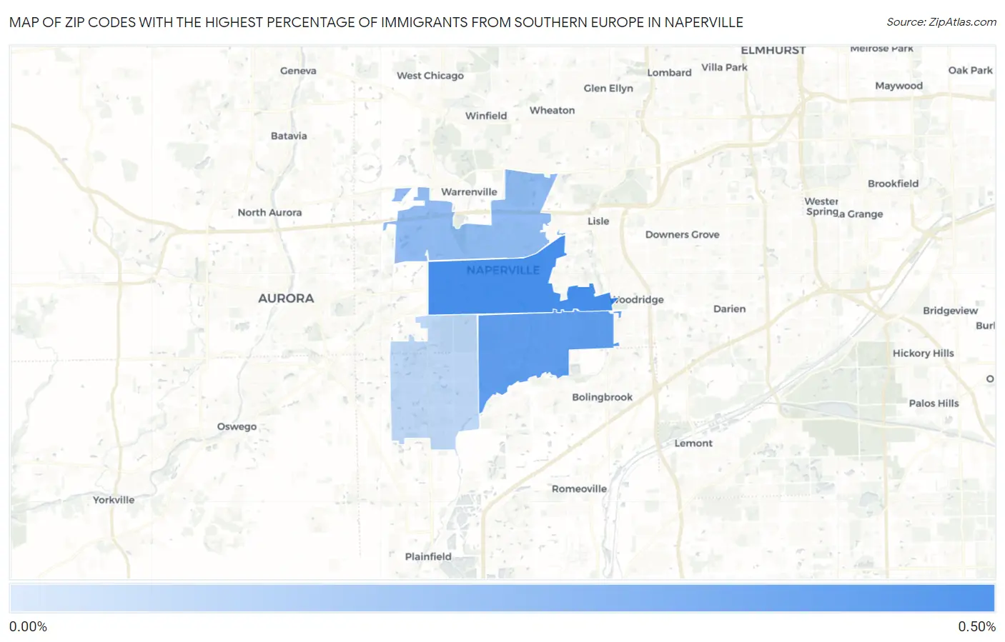 Zip Codes with the Highest Percentage of Immigrants from Southern Europe in Naperville Map