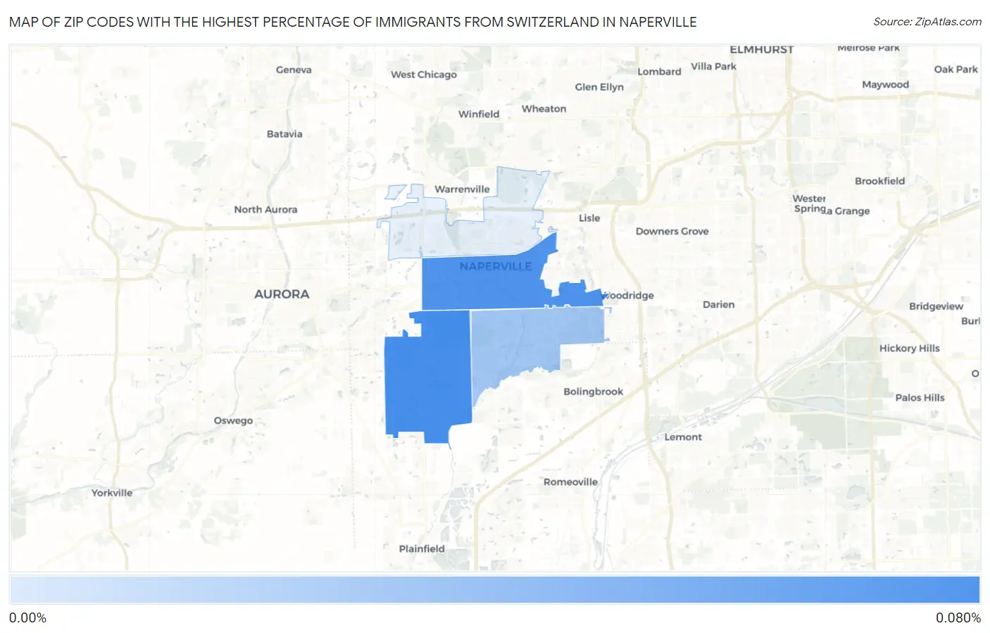 Zip Codes with the Highest Percentage of Immigrants from Switzerland in Naperville Map