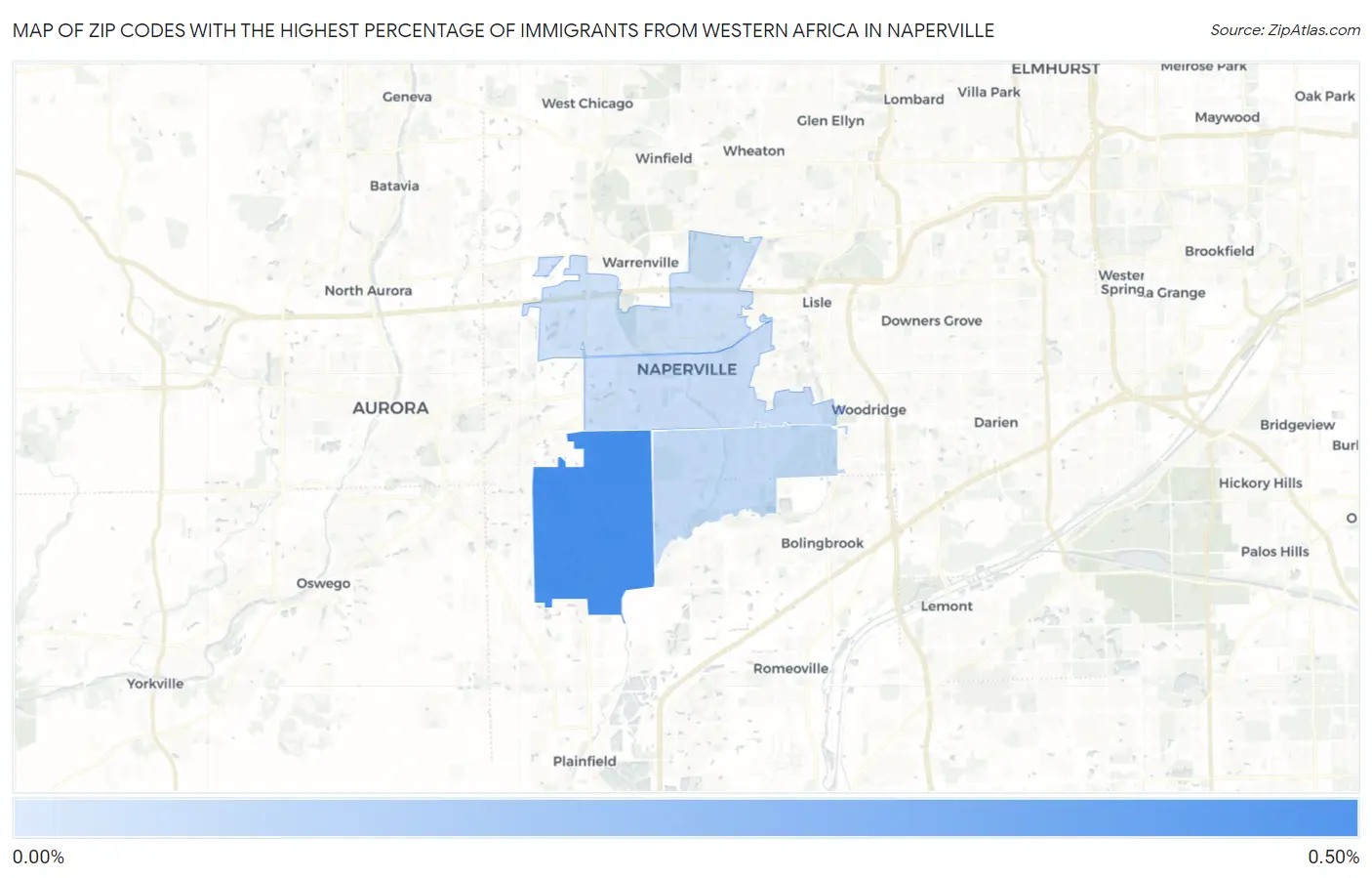 Zip Codes with the Highest Percentage of Immigrants from Western Africa in Naperville Map