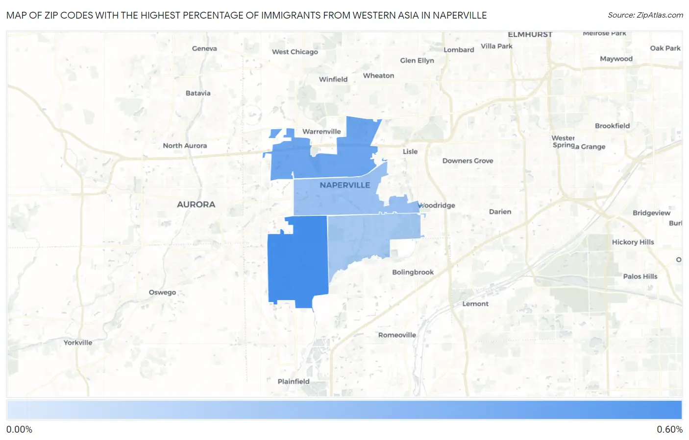 Zip Codes with the Highest Percentage of Immigrants from Western Asia in Naperville Map