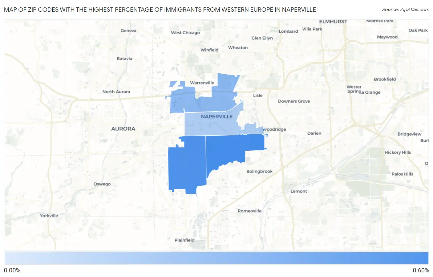 Zip Codes with the Highest Percentage of Immigrants from Western Europe in Naperville Map