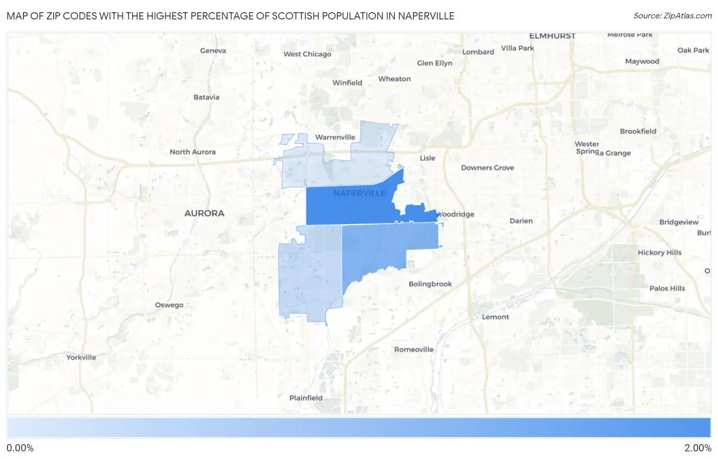 Zip Codes with the Highest Percentage of Scottish Population in Naperville Map