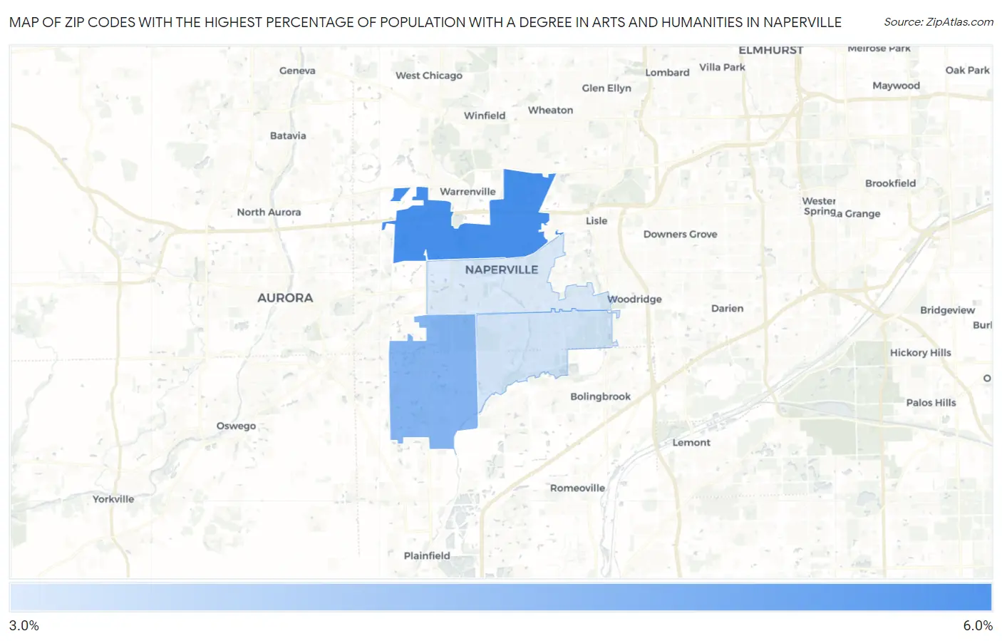 Zip Codes with the Highest Percentage of Population with a Degree in Arts and Humanities in Naperville Map