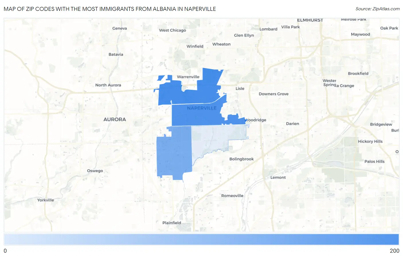 Zip Codes with the Most Immigrants from Albania in Naperville Map