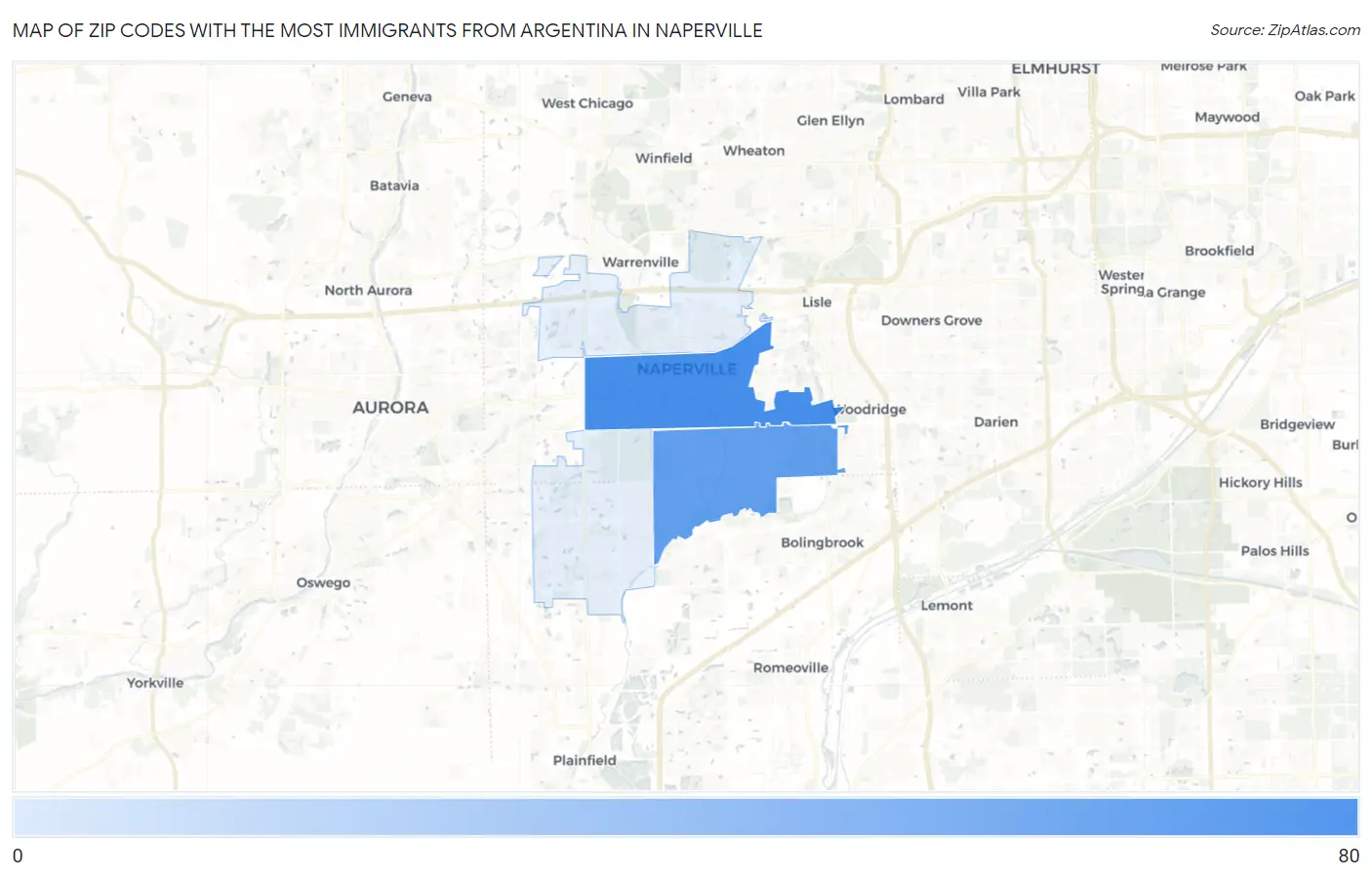 Zip Codes with the Most Immigrants from Argentina in Naperville Map
