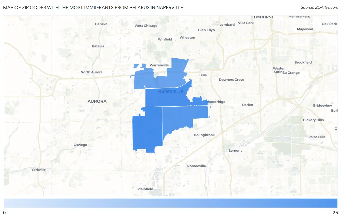 Zip Codes with the Most Immigrants from Belarus in Naperville Map