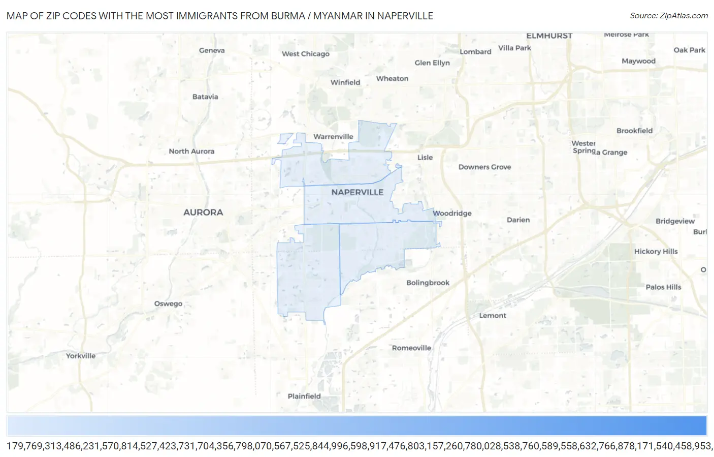 Zip Codes with the Most Immigrants from Burma / Myanmar in Naperville Map