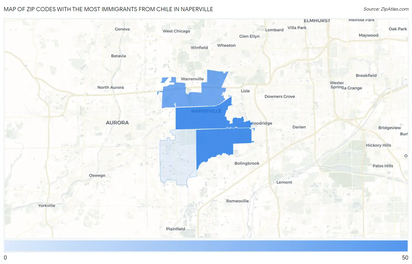 Zip Codes with the Most Immigrants from Chile in Naperville Map