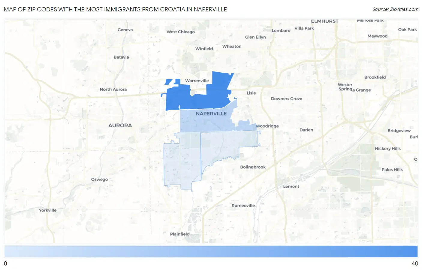 Zip Codes with the Most Immigrants from Croatia in Naperville Map
