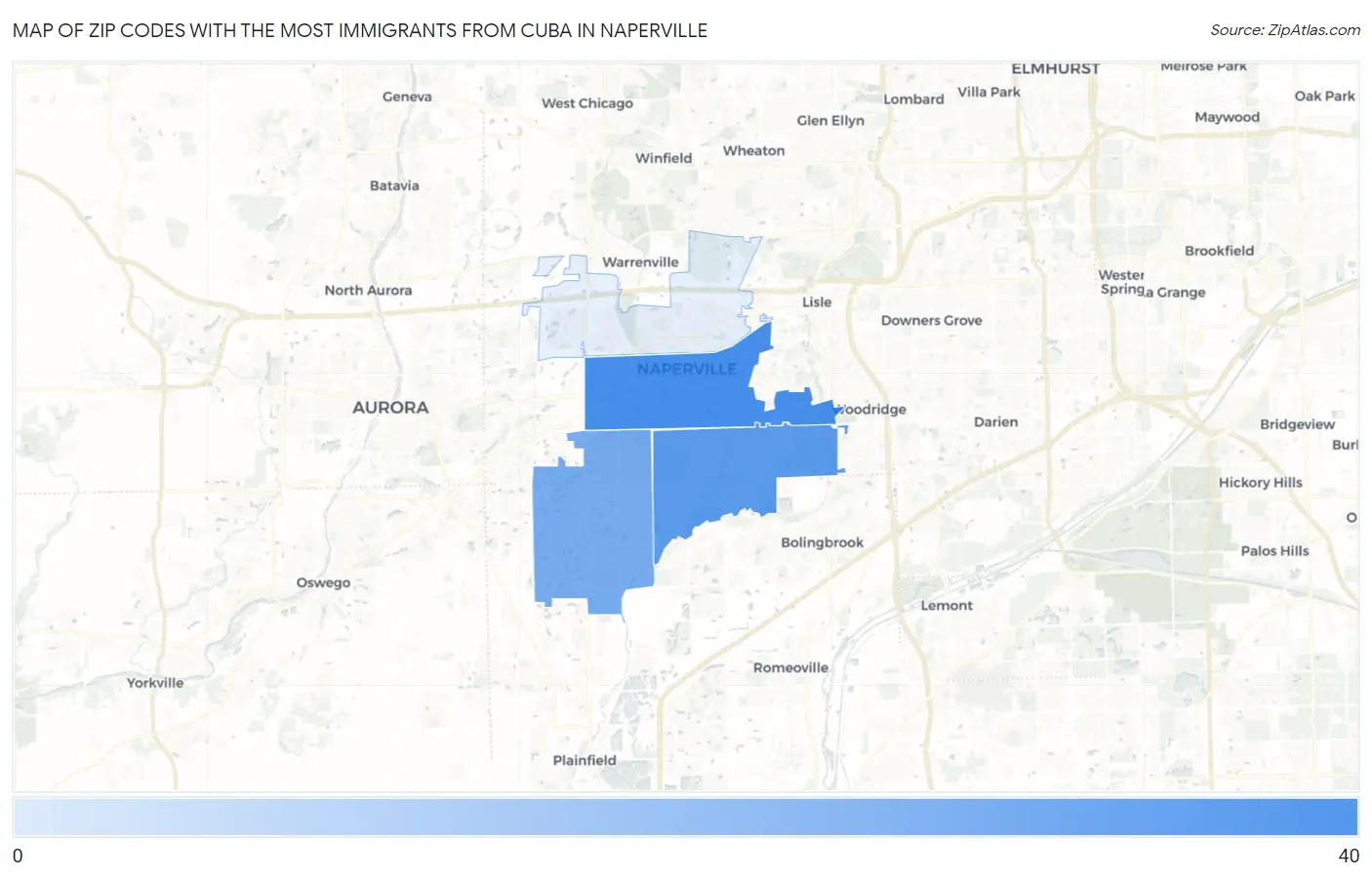 Zip Codes with the Most Immigrants from Cuba in Naperville Map