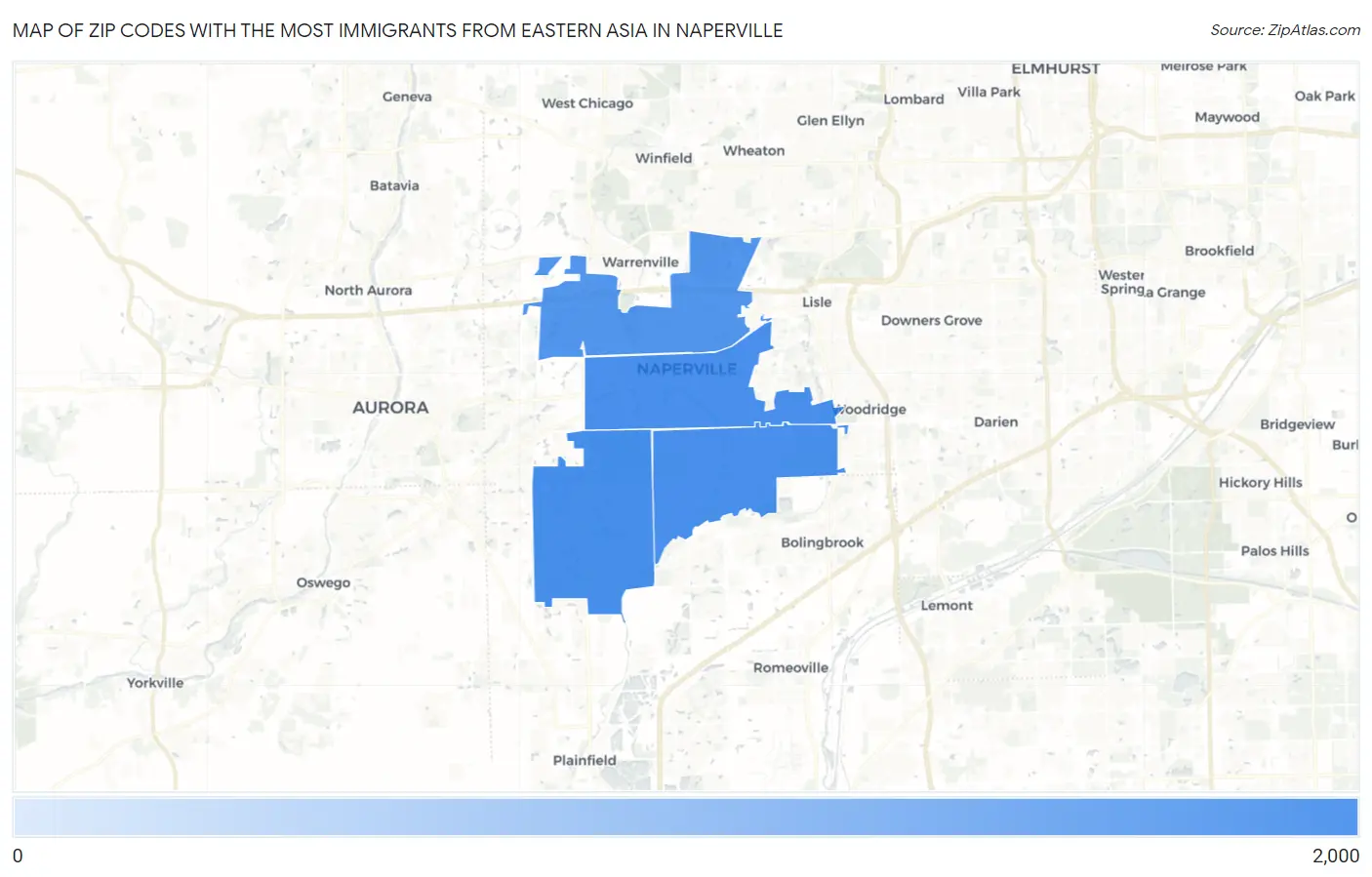 Zip Codes with the Most Immigrants from Eastern Asia in Naperville Map