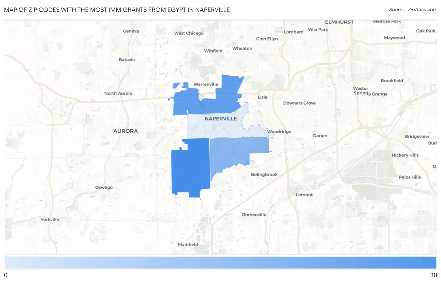 Zip Codes with the Most Immigrants from Egypt in Naperville Map