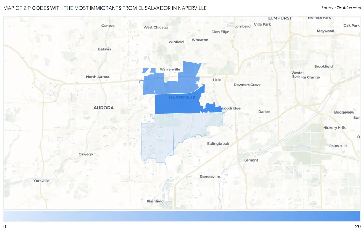 Zip Codes with the Most Immigrants from El Salvador in Naperville Map