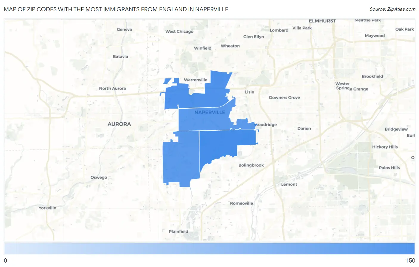 Zip Codes with the Most Immigrants from England in Naperville Map